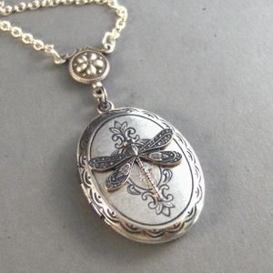 Dragonfly Locket Necklace Pendant Jewelry Vintage Antique Boho Silver Bohemian